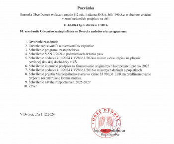 Aktuality / Pozvánka na 10. zasadnutie OZ dňa 11.12.2024 o 17:00 hod. - foto
