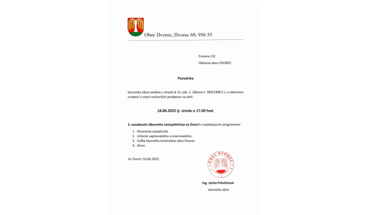 Nový termín 3. obecné zastupiteľstvo 18.6.2025