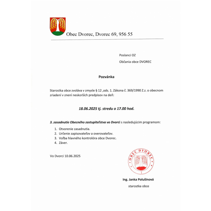 Nový termín 3. obecné zastupiteľstvo 18.6.2025