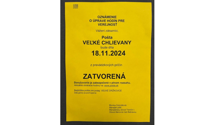 Oznam - Pošta Veľké Chlievany
