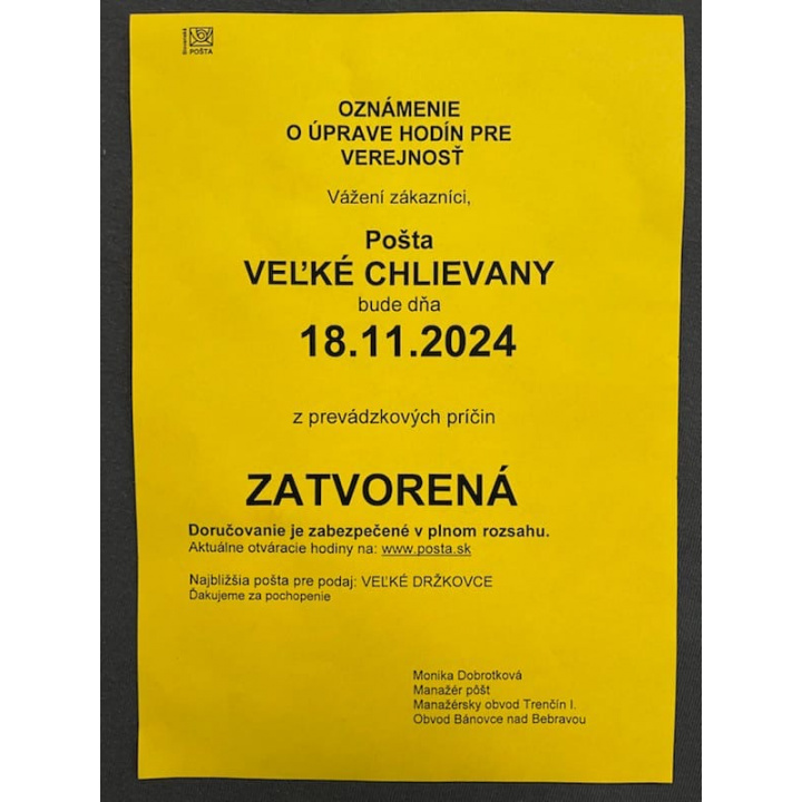Oznam - Pošta Veľké Chlievany