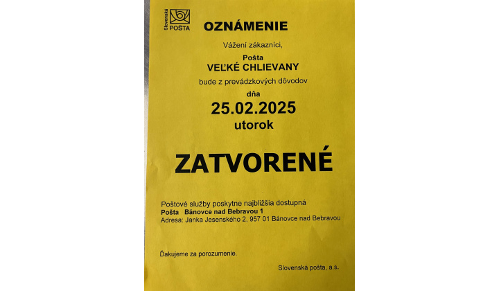 Oznam - Pošta Veľké Chlievany