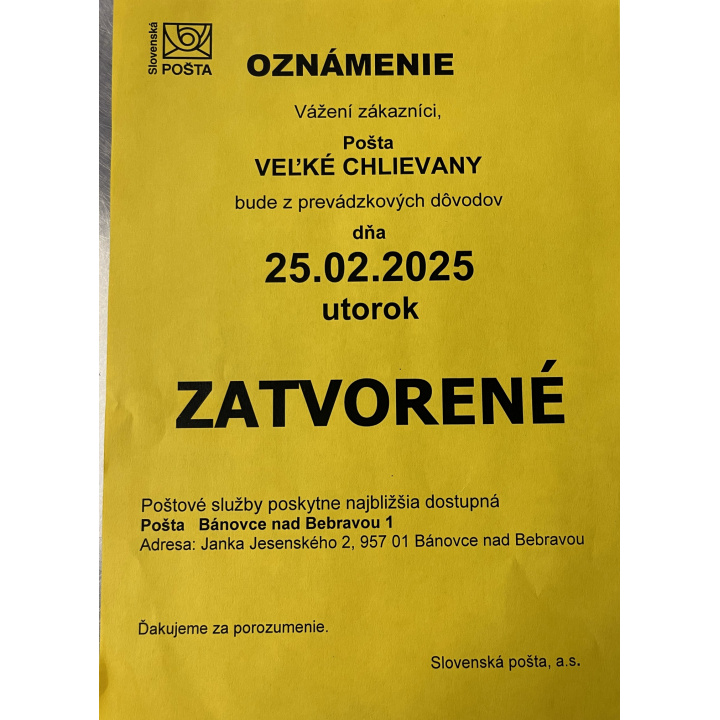 Oznam - Pošta Veľké Chlievany