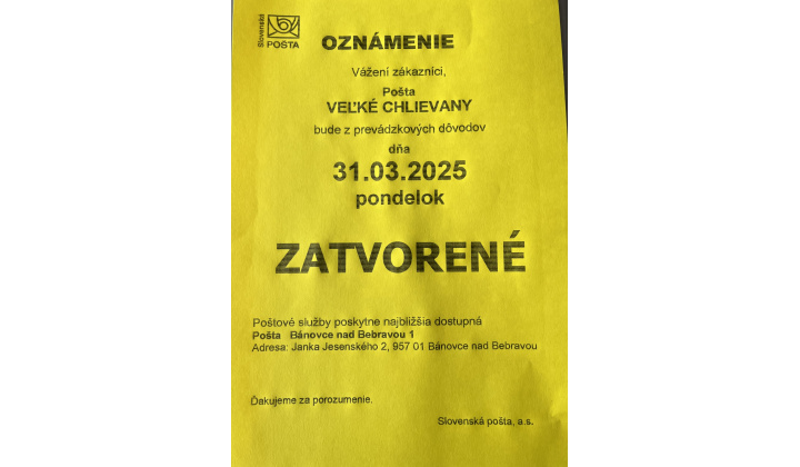 Oznam - Pošta Veľké Chlievany