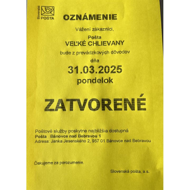 Oznam - Pošta Veľké Chlievany