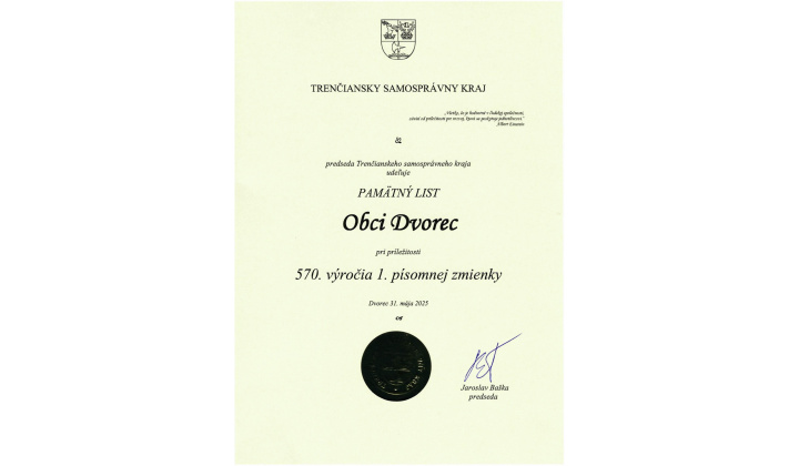Pamätný list  - 570. výročie prvej písomnej zmienky