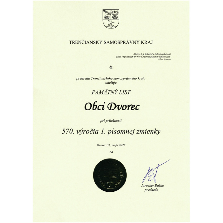 Pamätný list  - 570. výročie prvej písomnej zmienky