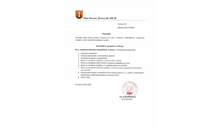 Pozvánka na 1. zasadnutie Obecného zastupiteľstva vo Dvorci 