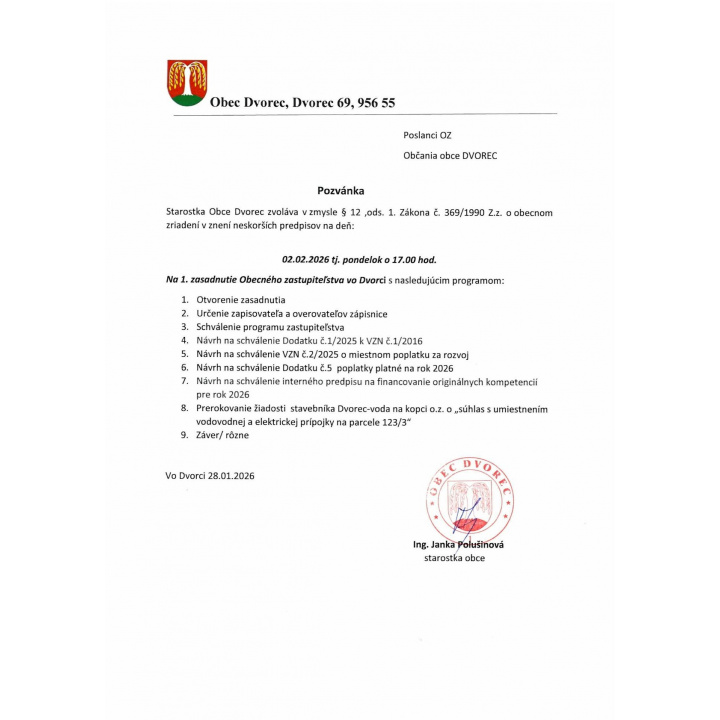 Pozvánka na 1. zasadnutie Obecného zastupiteľstva vo Dvorci 