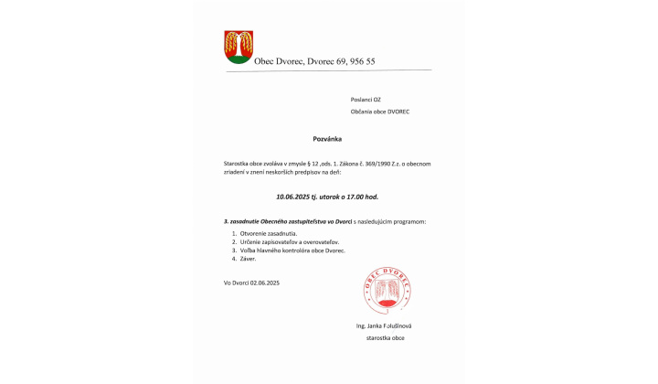 Pozvánka na 3. zasadnutie OZ vo Dvorci dňa 10.06.2025