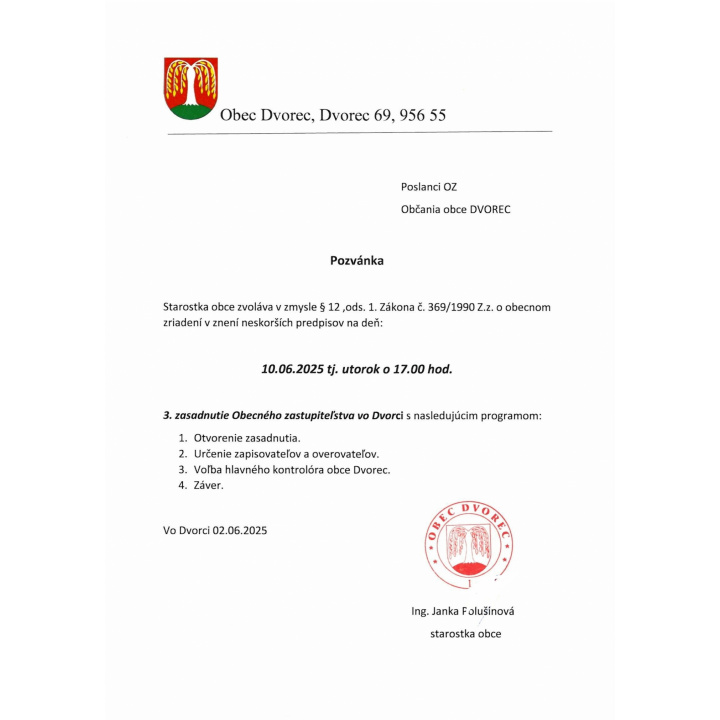 Pozvánka na 3. zasadnutie OZ vo Dvorci dňa 10.06.2025