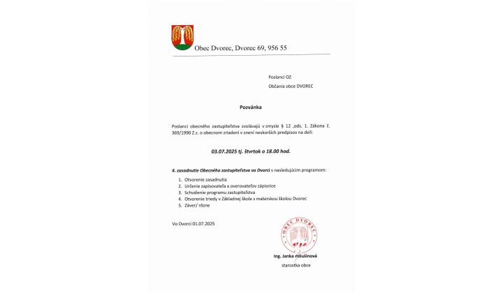 Pozvánka na 4. zasadnutie OZ vo Dvorci dňa 03.07.2025