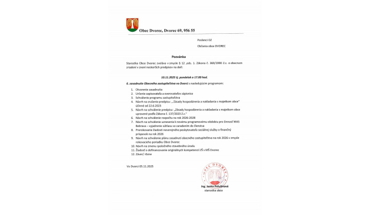 Pozvánka na 6. zasadnutie OZ vo Dvorci dňa 10.11.2025