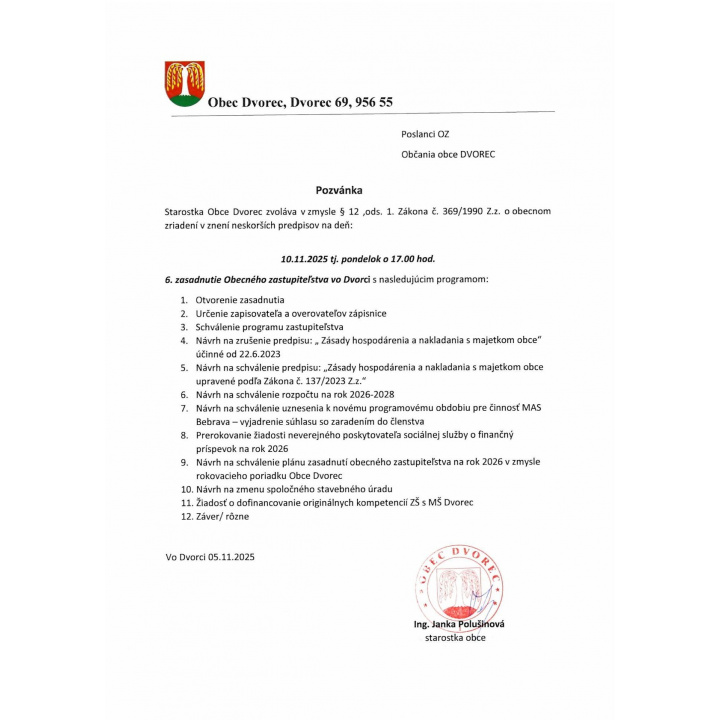 Pozvánka na 6. zasadnutie OZ vo Dvorci dňa 10.11.2025