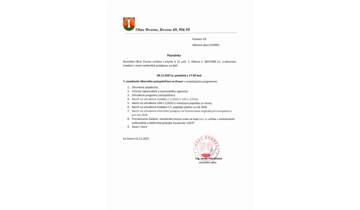 Pozvánka na 7. zasadnutie OZ vo Dvorci dňa 08.12.2025