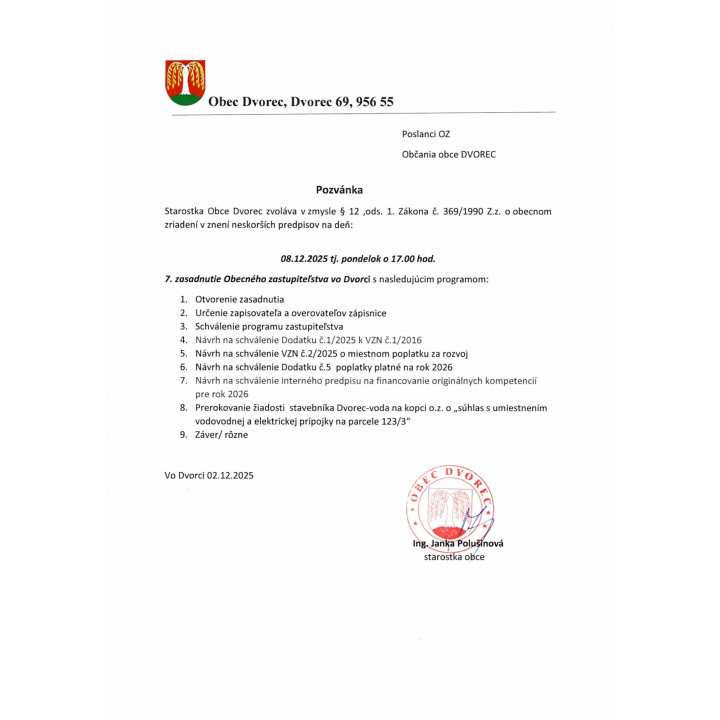 Pozvánka na 7. zasadnutie OZ vo Dvorci dňa 08.12.2025