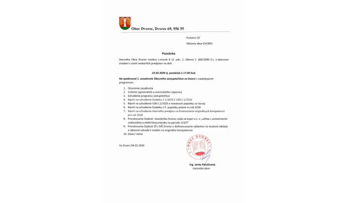 Pozvánka na opakované 1. zasadnutie OZ vo Dvorci dňa 23.02.2026