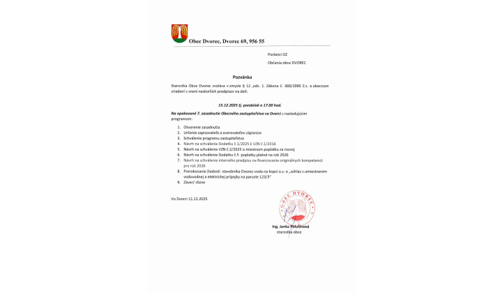 Pozvánka na opakované 7. zasadnutie OZ vo Dvorci dňa 15.12.2025