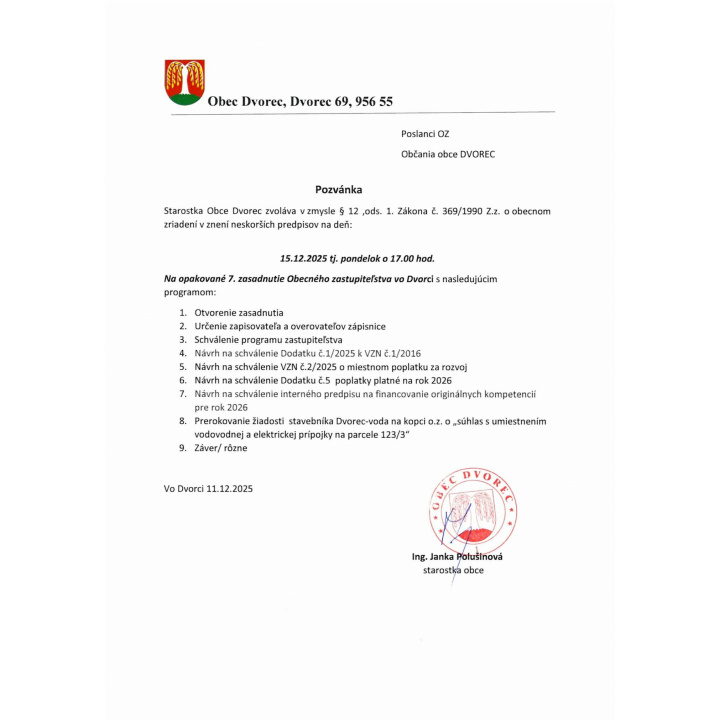Pozvánka na opakované 7. zasadnutie OZ vo Dvorci dňa 15.12.2025
