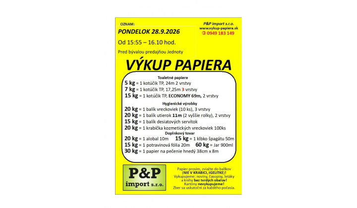 Výkup papiera 28.09.2026 od 15:55 do 16.10 hod.