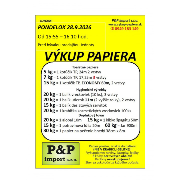 Výkup papiera 28.09.2026 od 15:55 do 16.10 hod.