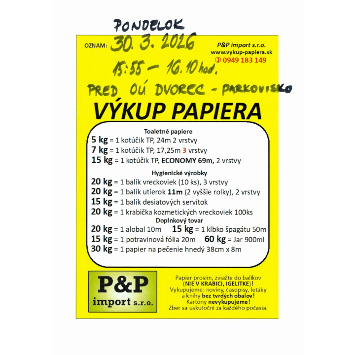 Výkup papiera 30.03.2026 od 15:55 do 16.10 hod.