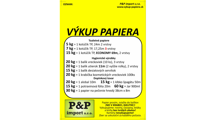 Zber/výkup papiera výmenou za hygienické výrobky - P&P Import