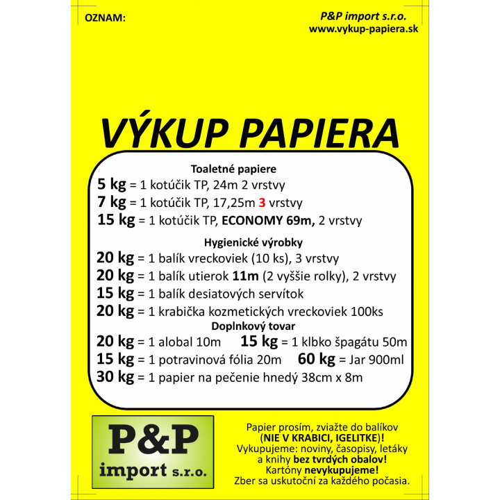 Zber/výkup papiera výmenou za hygienické výrobky - P&P Import