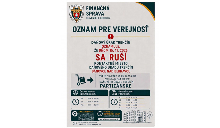 Zrušenie pobočky Daňového úradu v Bánovciach nad Bebravou k 15.11.2026