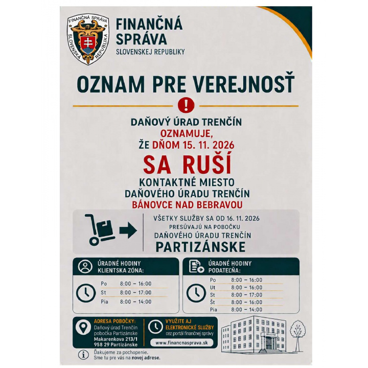 Zrušenie pobočky Daňového úradu v Bánovciach nad Bebravou k 15.11.2026